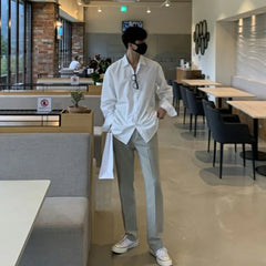 New Korean Business Men Shirts Light Luxury Slim-fit Solid Color Long Sleeve Cardigans Leisure Breathable Solid Color Basic Tops