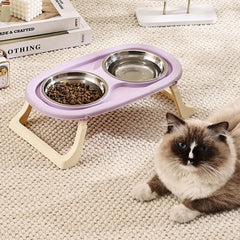 1PC Foldable Stainless Steel Pet Bowl Cat Food Bowl Cat Bowl Dog Food Bowl Neck Protection High Foot Double Bowl