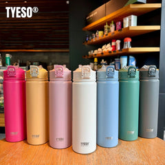 Tyeso 600/750ML Thermos Bottle With Straw Stainless Steel Car Thermal Cup Sports Water Bottles Keeps Cold and Heat Thermal Mug