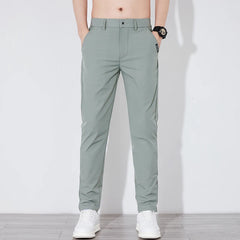 Summer Silk Stretch Smooth Trousers Men Business Elastic Waist Korean Classic Thin Cool Black Gray Casual Suit Pants Male Brand