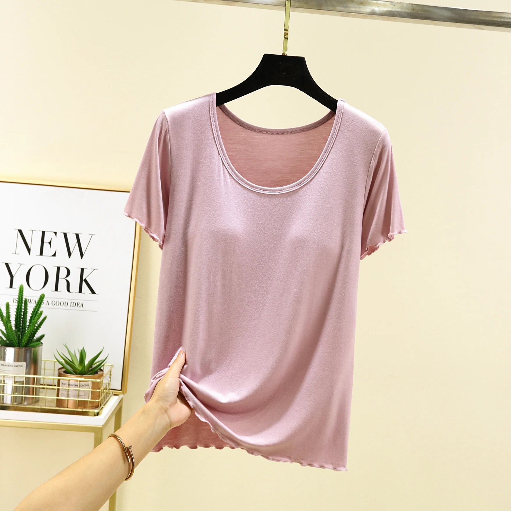 Modal Spwear Women's Summer New Large Size ort Sve Top Thin Pure Color Home Clothes T-irt with Chest Pad round Ne
