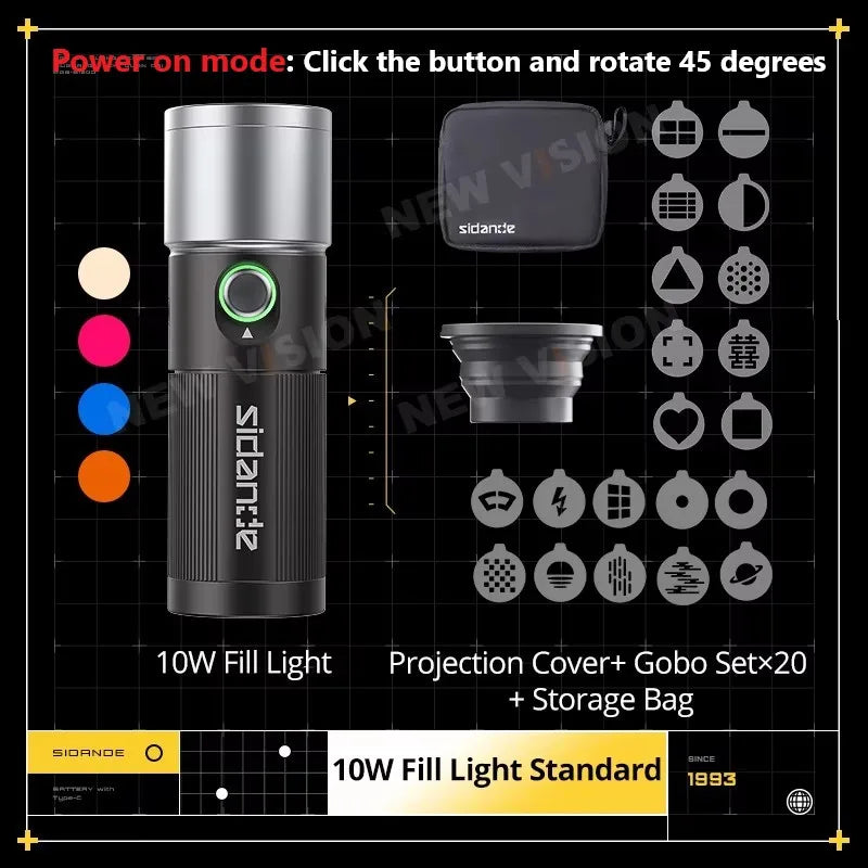 SIDANDE 10W Flashlight Four Color Projection Light Built-in 8400mAh Rechargeable Battery For 4 hours Full-power output come with