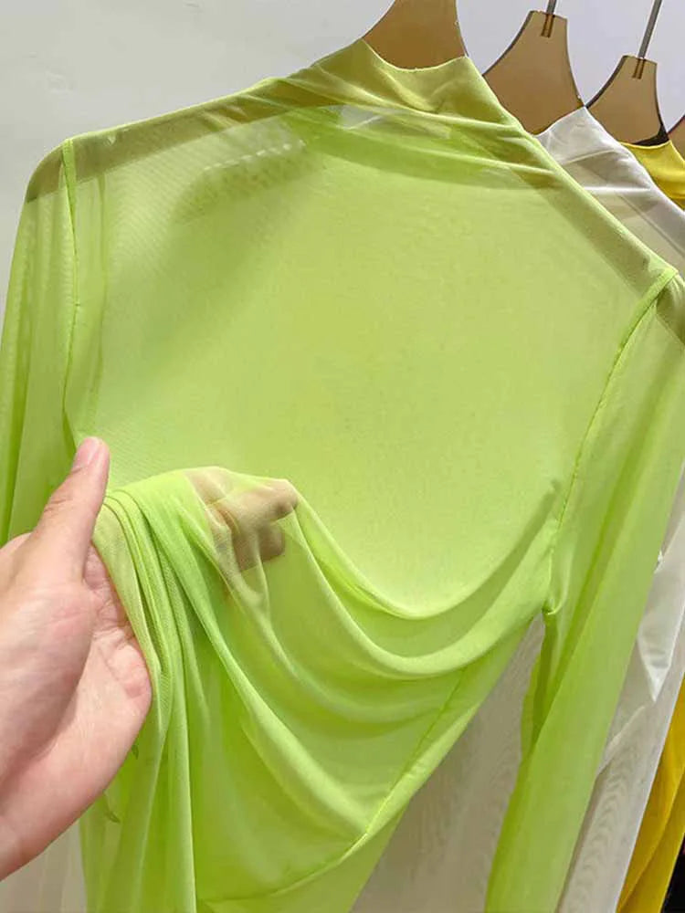Transparent Gauze Bottoming T-shirt Women Clothing Summer Long Sleeved T-shirt with Gauze Shirt Half High Collar Sunscreen 2024