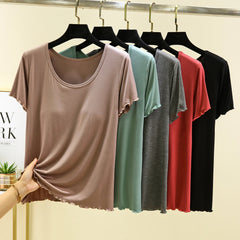 Modal Spwear Women's Summer New Large Size ort Sve Top Thin Pure Color Home Clothes T-irt with Chest Pad round Ne