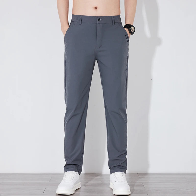 Summer Silk Stretch Smooth Trousers Men Business Elastic Waist Korean Classic Thin Cool Black Gray Casual Suit Pants Male Brand