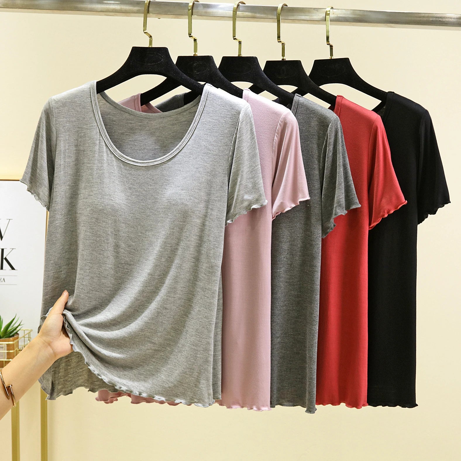 Modal Spwear Women's Summer New Large Size ort Sve Top Thin Pure Color Home Clothes T-irt with Chest Pad round Ne