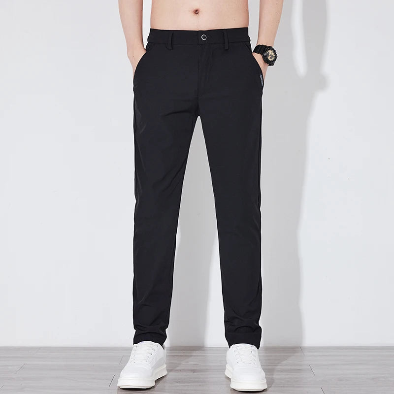 Summer Silk Stretch Smooth Trousers Men Business Elastic Waist Korean Classic Thin Cool Black Gray Casual Suit Pants Male Brand