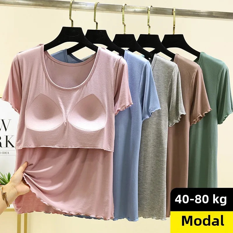Modal Spwear Women's Summer New Large Size ort Sve Top Thin Pure Color Home Clothes T-irt with Chest Pad round Ne