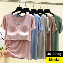 Modal Spwear Women's Summer New Large Size ort Sve Top Thin Pure Color Home Clothes T-irt with Chest Pad round Ne