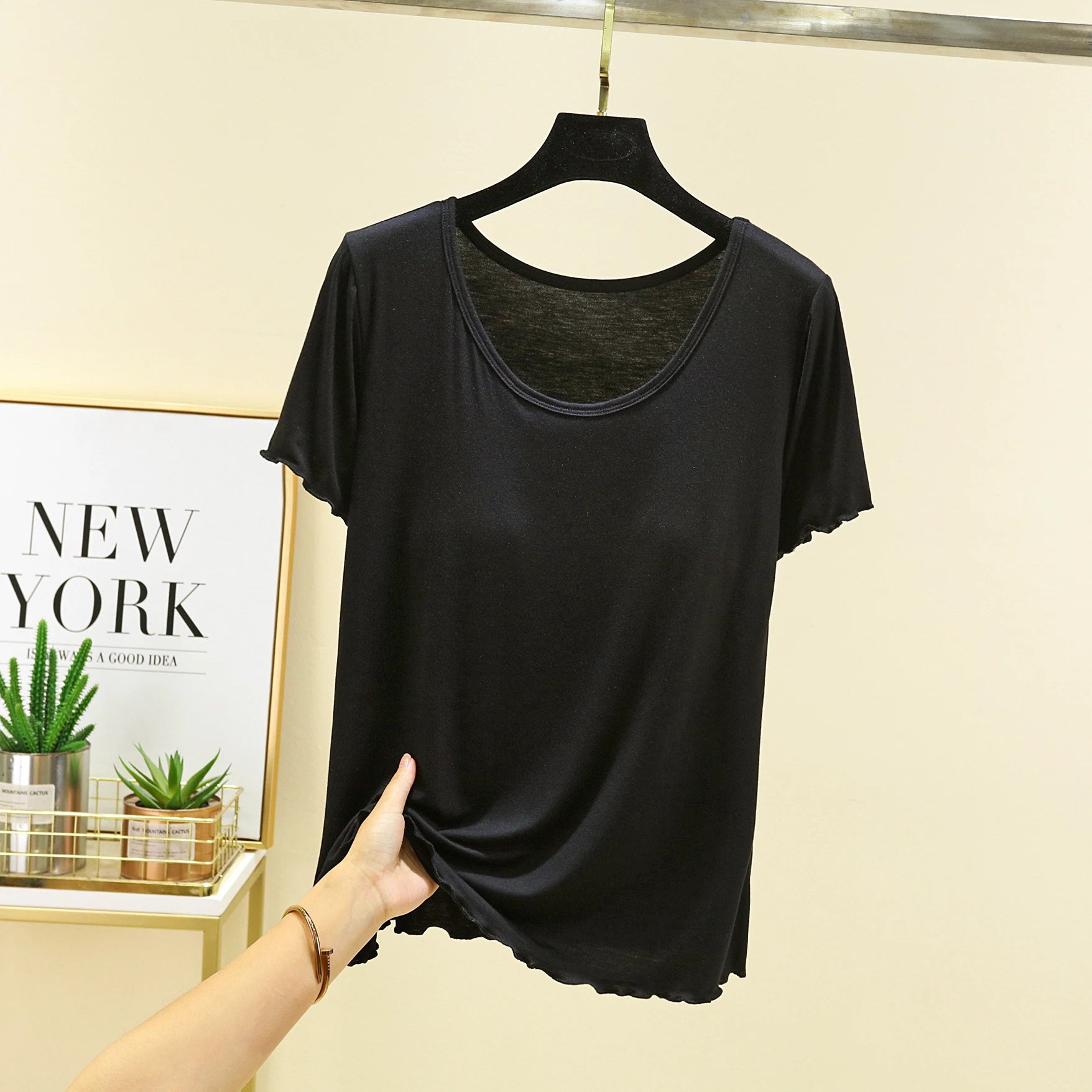 Modal Spwear Women's Summer New Large Size ort Sve Top Thin Pure Color Home Clothes T-irt with Chest Pad round Ne