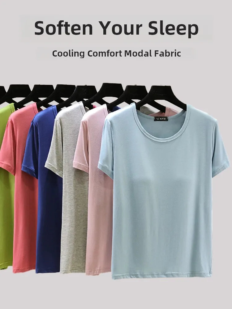 Loose Modal T-irt Women's Spring Summer round Ne ort Sve Built-in Bra Pad Top Size Large Casual Sle Base irt