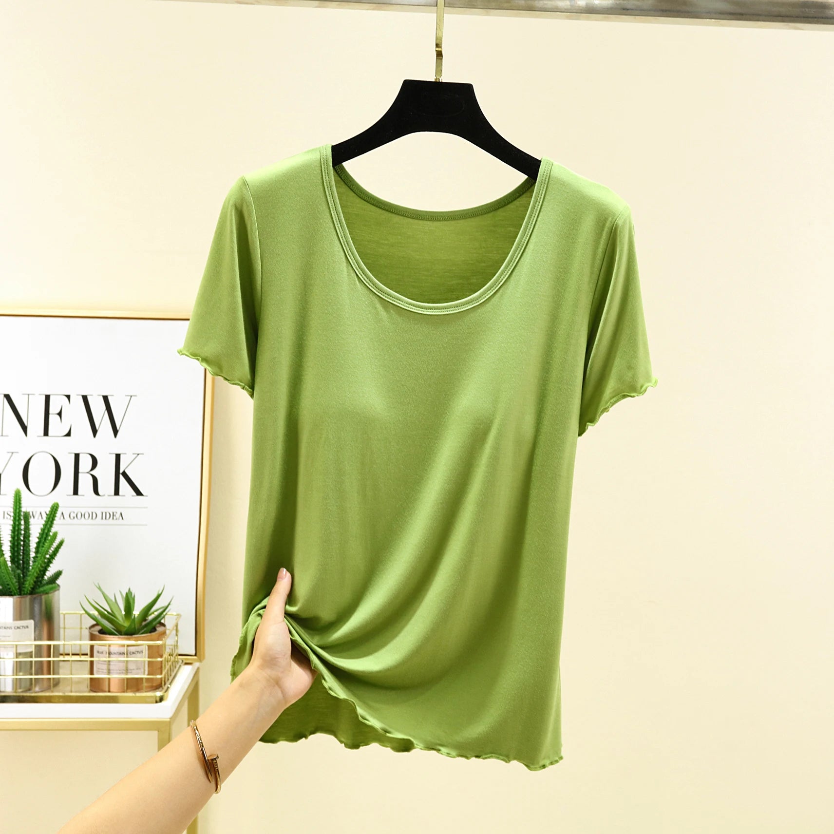 Modal Spwear Women's Summer New Large Size ort Sve Top Thin Pure Color Home Clothes T-irt with Chest Pad round Ne