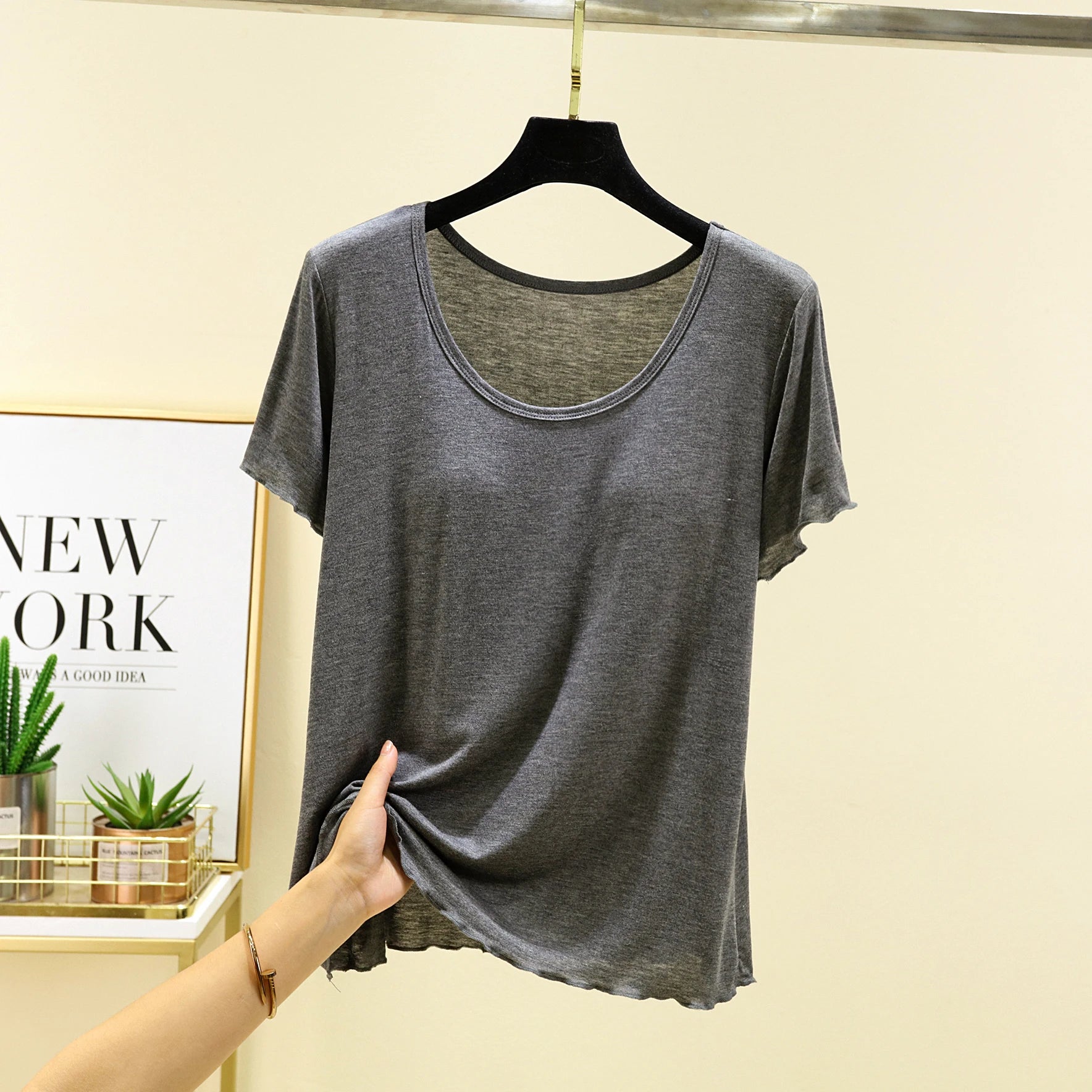 Modal Spwear Women's Summer New Large Size ort Sve Top Thin Pure Color Home Clothes T-irt with Chest Pad round Ne