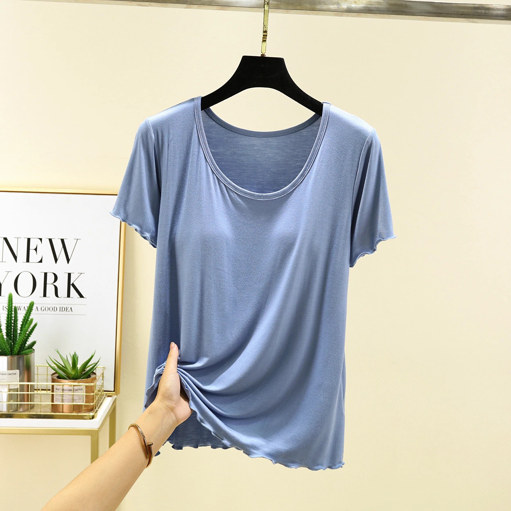 Modal Spwear Women's Summer New Large Size ort Sve Top Thin Pure Color Home Clothes T-irt with Chest Pad round Ne