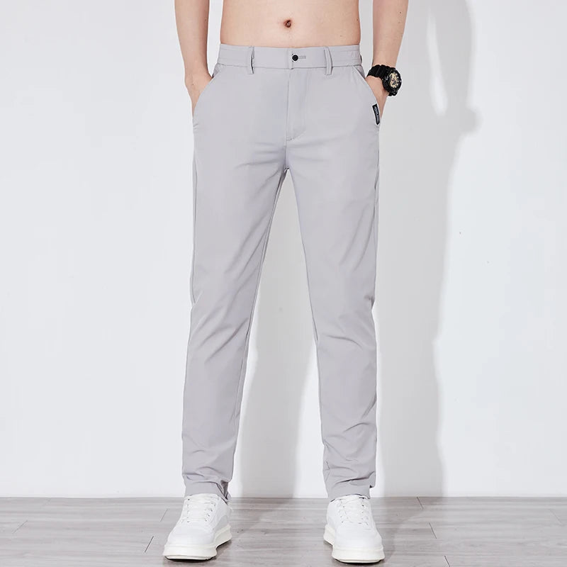 Summer Silk Stretch Smooth Trousers Men Business Elastic Waist Korean Classic Thin Cool Black Gray Casual Suit Pants Male Brand