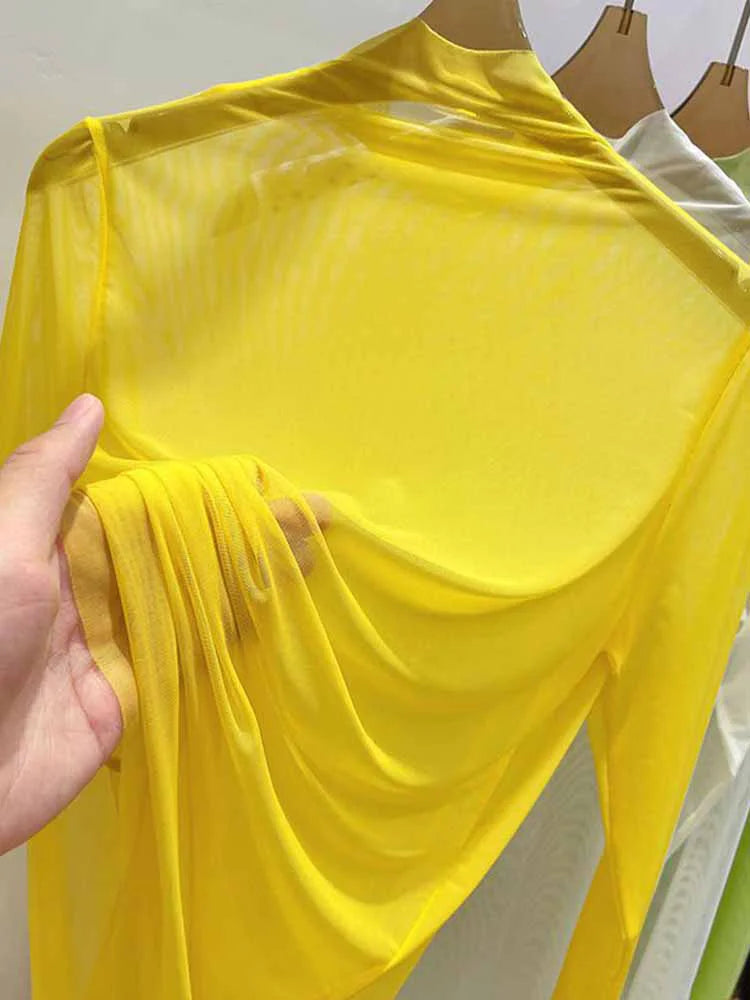Transparent Gauze Bottoming T-shirt Women Clothing Summer Long Sleeved T-shirt with Gauze Shirt Half High Collar Sunscreen 2024