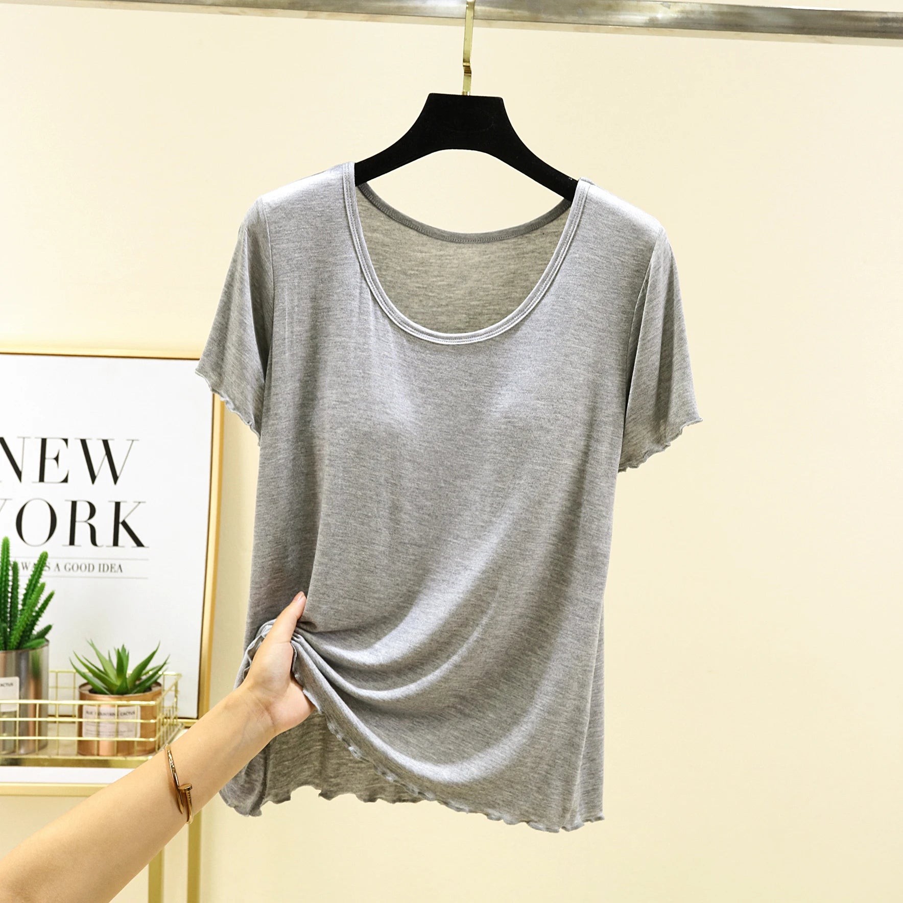 Modal Spwear Women's Summer New Large Size ort Sve Top Thin Pure Color Home Clothes T-irt with Chest Pad round Ne
