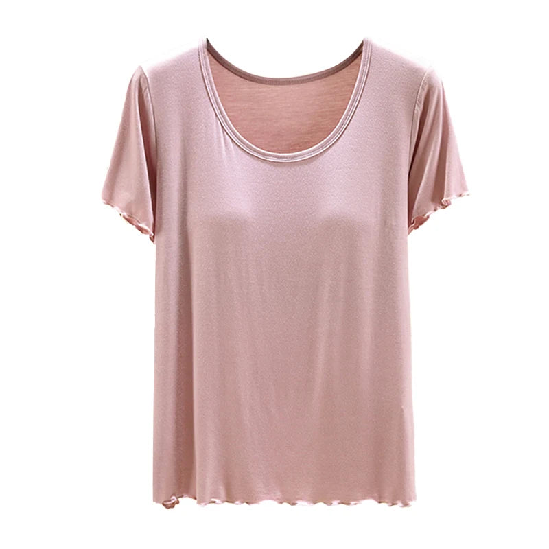 Modal Spwear Women's Summer New Large Size ort Sve Top Thin Pure Color Home Clothes T-irt with Chest Pad round Ne