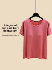 Loose Modal T-irt Women's Spring Summer round Ne ort Sve Built-in Bra Pad Top Size Large Casual Sle Base irt