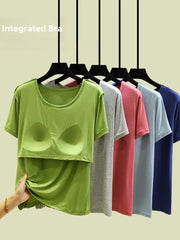 Loose Modal T-irt Women's Spring Summer round Ne ort Sve Built-in Bra Pad Top Size Large Casual Sle Base irt
