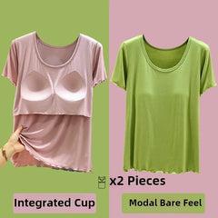 Modal Spwear Women's Summer New Large Size ort Sve Top Thin Pure Color Home Clothes T-irt with Chest Pad round Ne