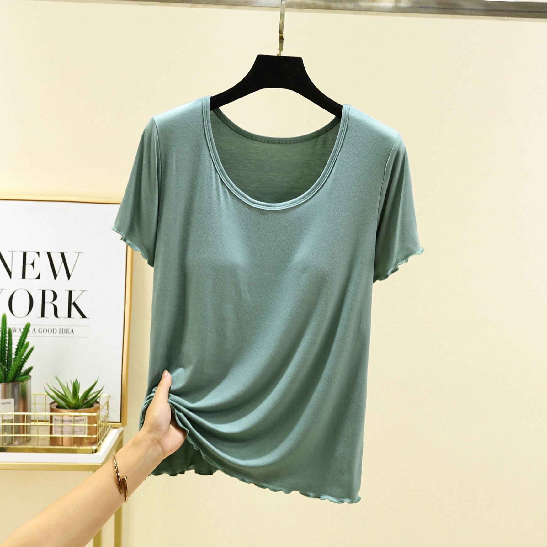 Modal Spwear Women's Summer New Large Size ort Sve Top Thin Pure Color Home Clothes T-irt with Chest Pad round Ne