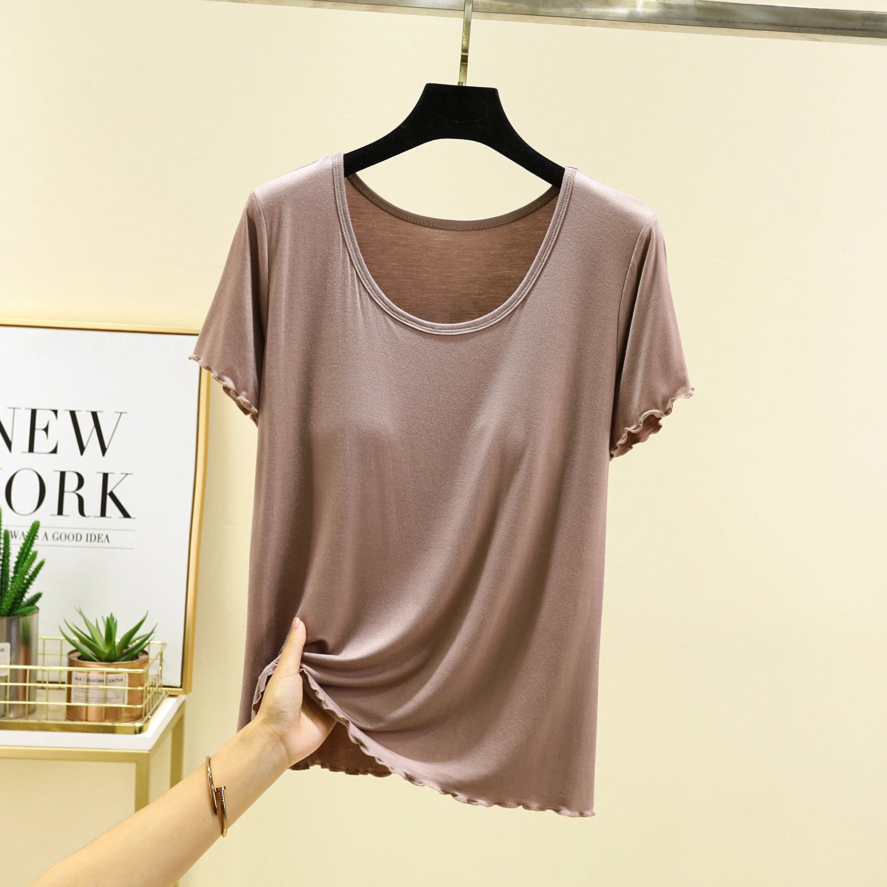 Modal Spwear Women's Summer New Large Size ort Sve Top Thin Pure Color Home Clothes T-irt with Chest Pad round Ne