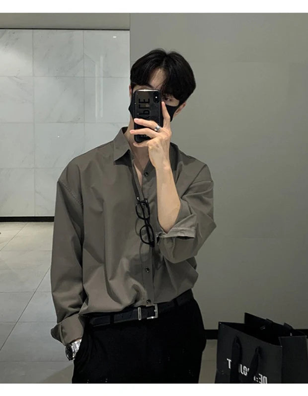 New Korean Business Men Shirts Light Luxury Slim-fit Solid Color Long Sleeve Cardigans Leisure Breathable Solid Color Basic Tops
