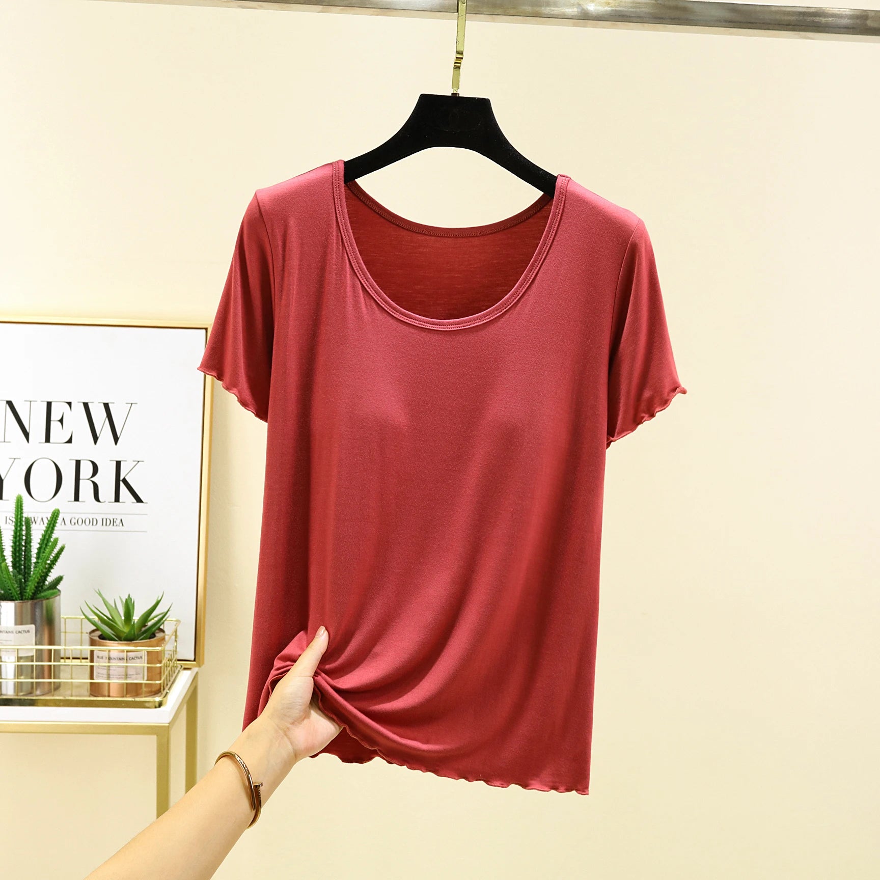 Modal Spwear Women's Summer New Large Size ort Sve Top Thin Pure Color Home Clothes T-irt with Chest Pad round Ne